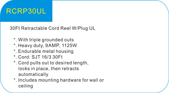  30Ft Retractable Cord Reel W/Plug UL