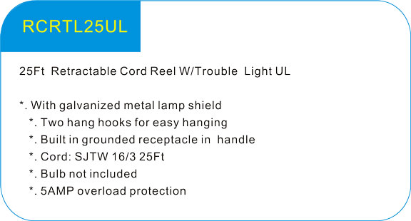  25Ft  Retractable Cord Reel W/Trouble Light UL