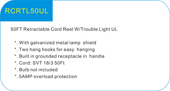 50FT Retractable Cord Reel W/Trouble Light UL 