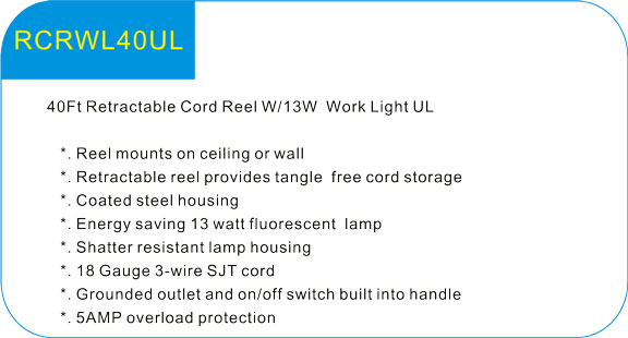 40Ft Retractable Cord Reel W/13W Work Light UL